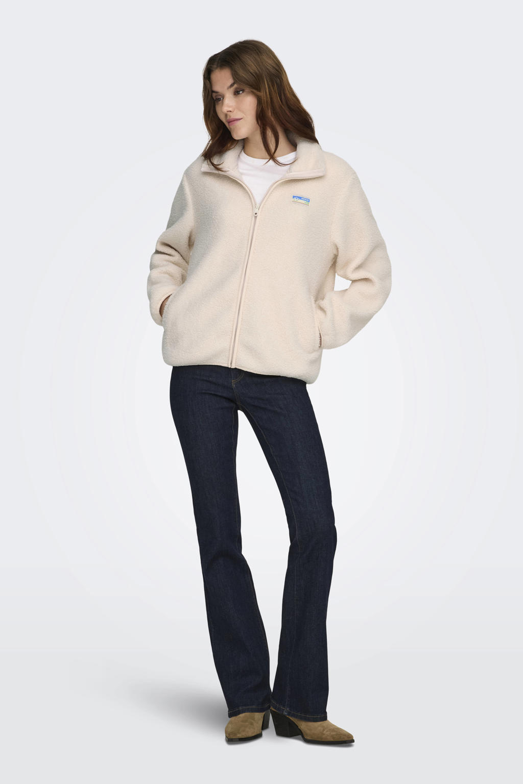 Ecru dames ONLY teddy jas van polyester met effen, lange mouwen, col en ritssluiting