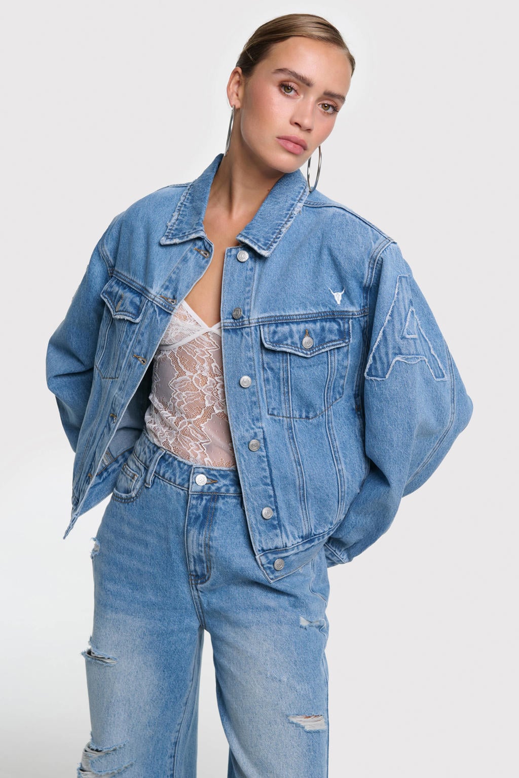 Light blue denim dames Alix the Label spijkerjas van denim met backprint, lange mouwen en klassieke kraag