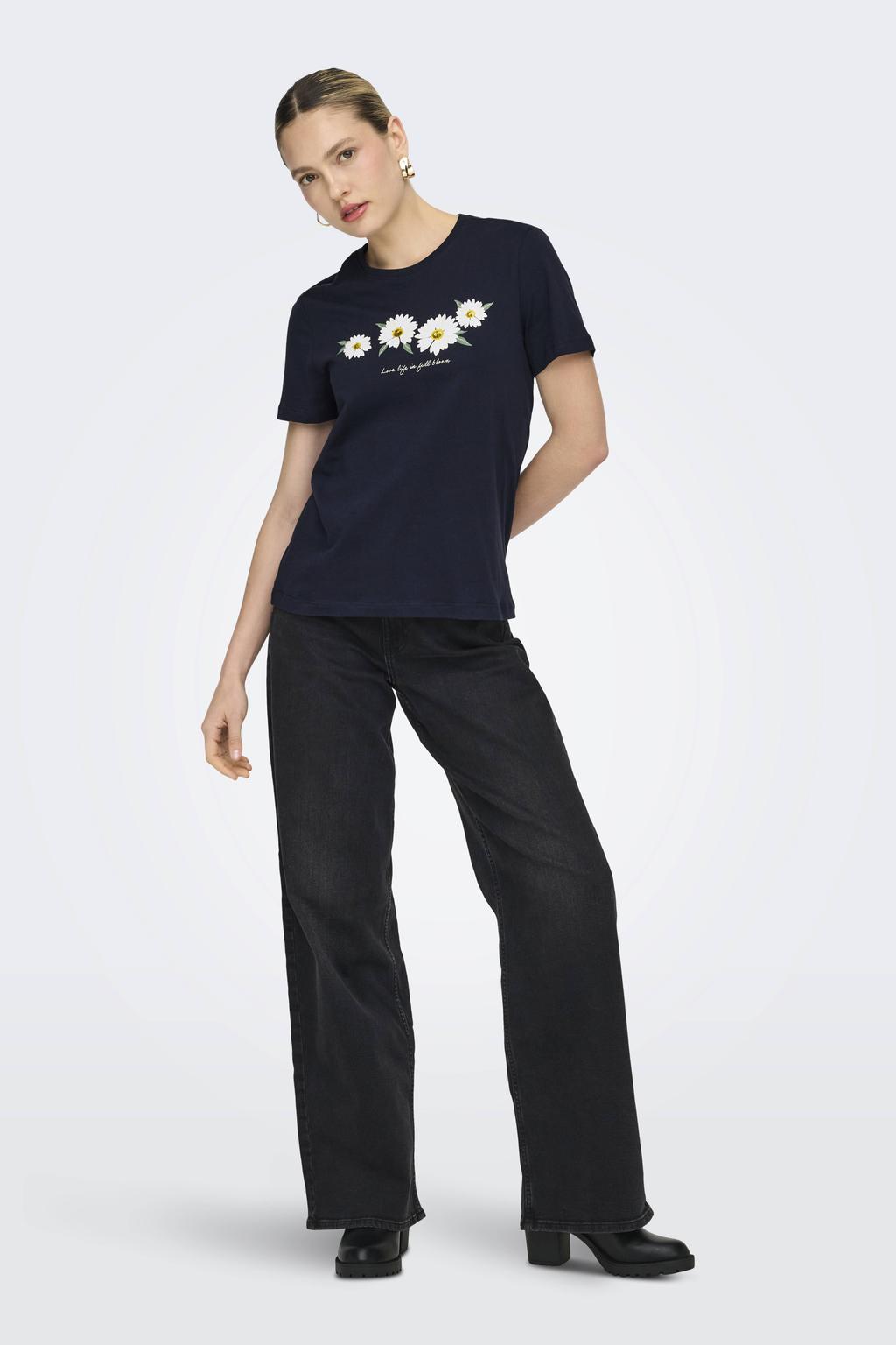 Donkerblauwe dames ONLY T-shirt van katoen met printopdruk, korte mouwen en ronde hals