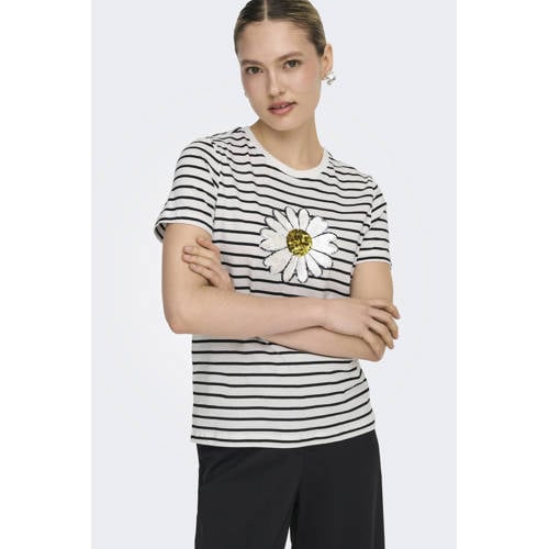 ONLY gestreepte T-shirt wit met pailletten afbeelding