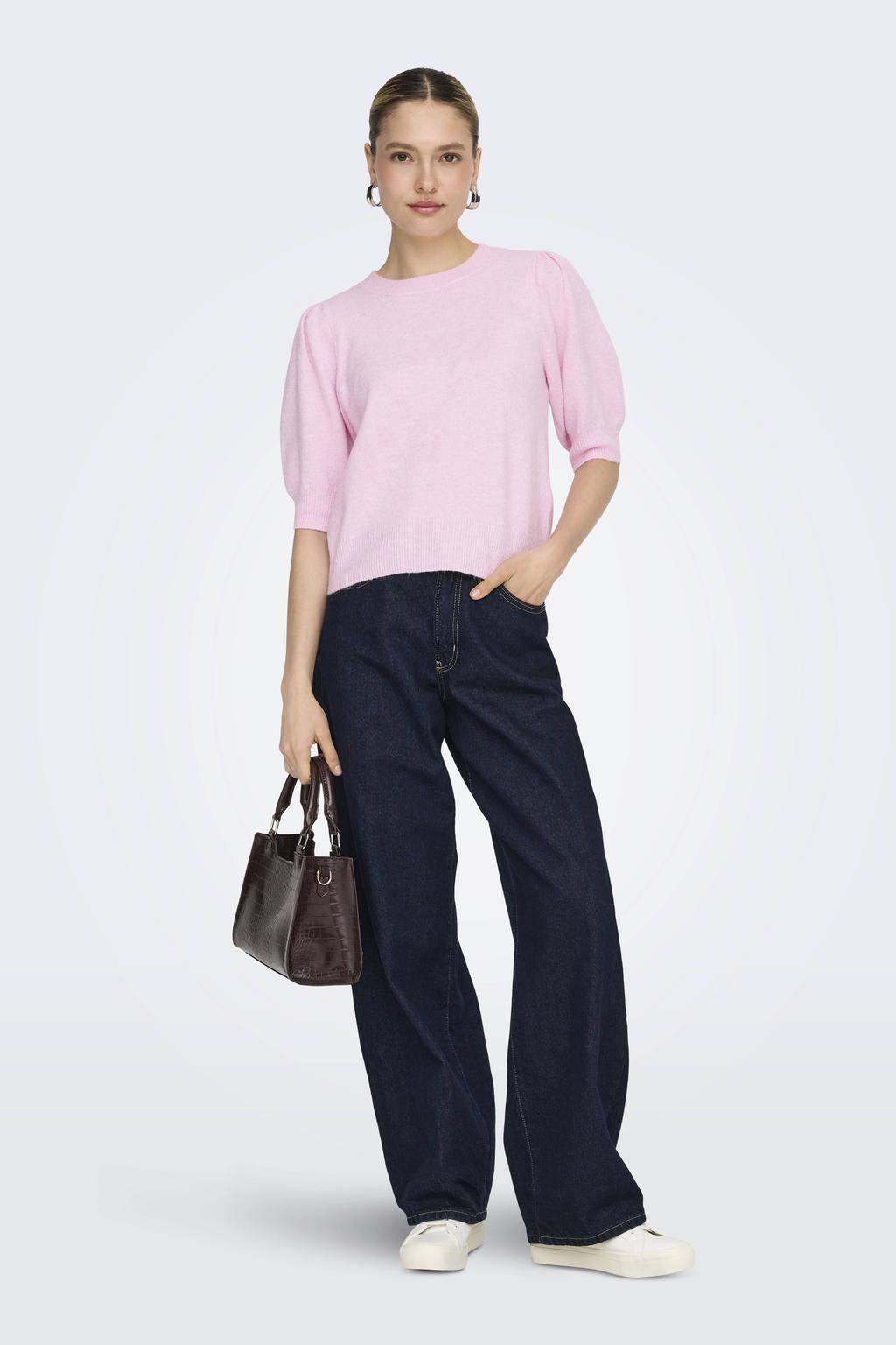Lichtroze dames ONLY trui gebreid van polyester met effen, korte mouwen en ronde hals