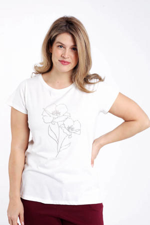 gebloemde T-shirt ecru met pailletten