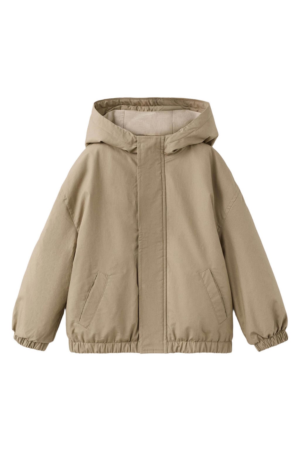 Beige jongens Mango Kids tussenjas van katoen met effen, lange mouwen, capuchon, ritssluiting en elastische boord