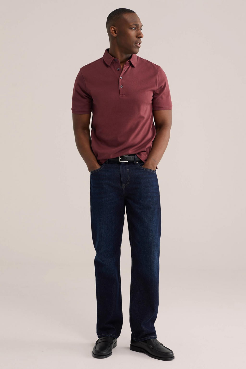 Donkerrode heren WE Fashion slim polo van katoen met effen en korte mouwen