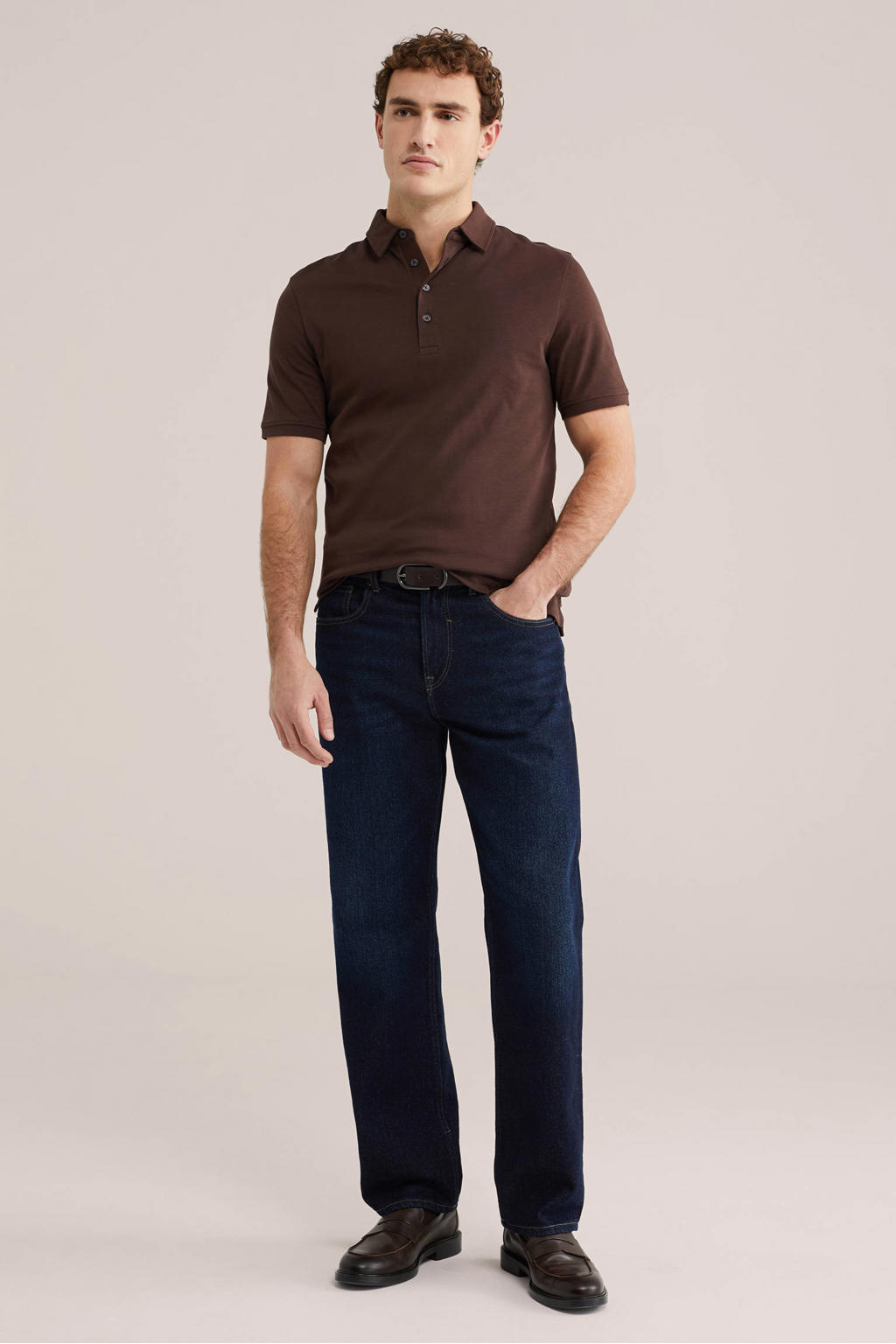 Bruine heren WE Fashion slim polo van katoen met effen, korte mouwen en pique