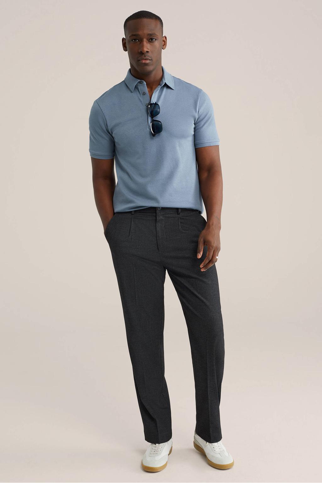 Blauwe heren WE Fashion slim polo van katoen met effen, korte mouwen en pique