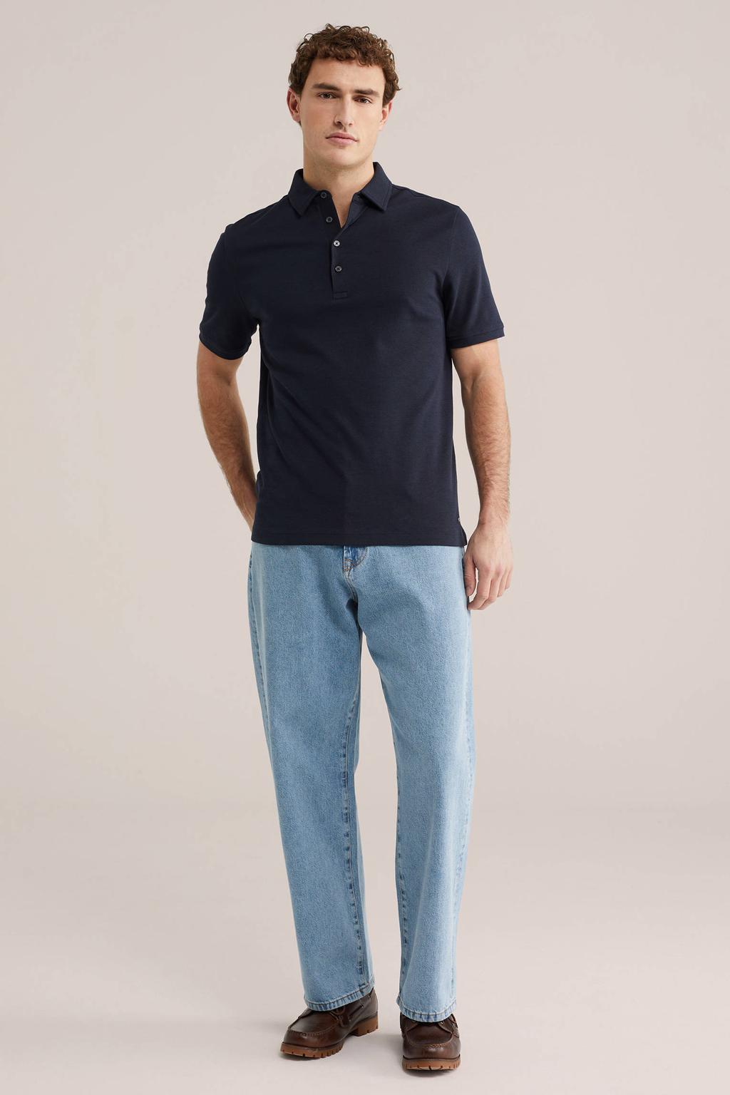 Donkerblauwe heren WE Fashion slim polo van katoen met effen, korte mouwen en pique