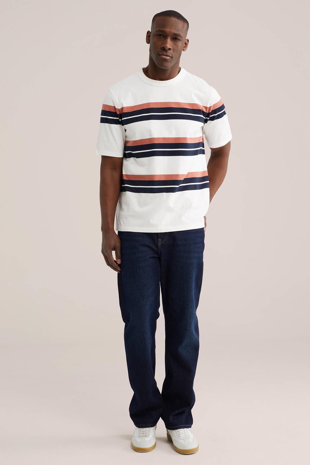 Witte heren WE Fashion Blue Ridge relaxed gestreepte T-shirt van katoen met korte mouwen en ronde hals
