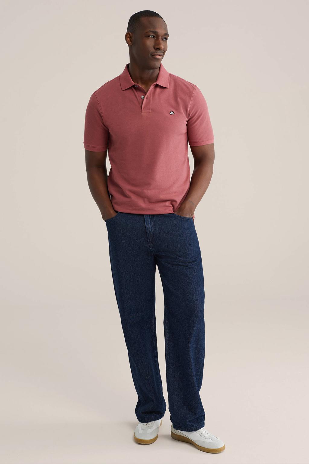Roze heren WE Fashion regular polo van katoen met effen, korte mouwen, knoopsluiting en pique