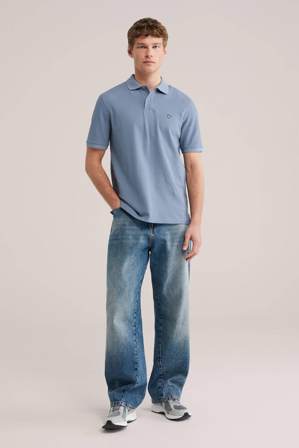Blauwe heren WE Fashion regular polo van katoen met effen, korte mouwen, knoopsluiting en pique