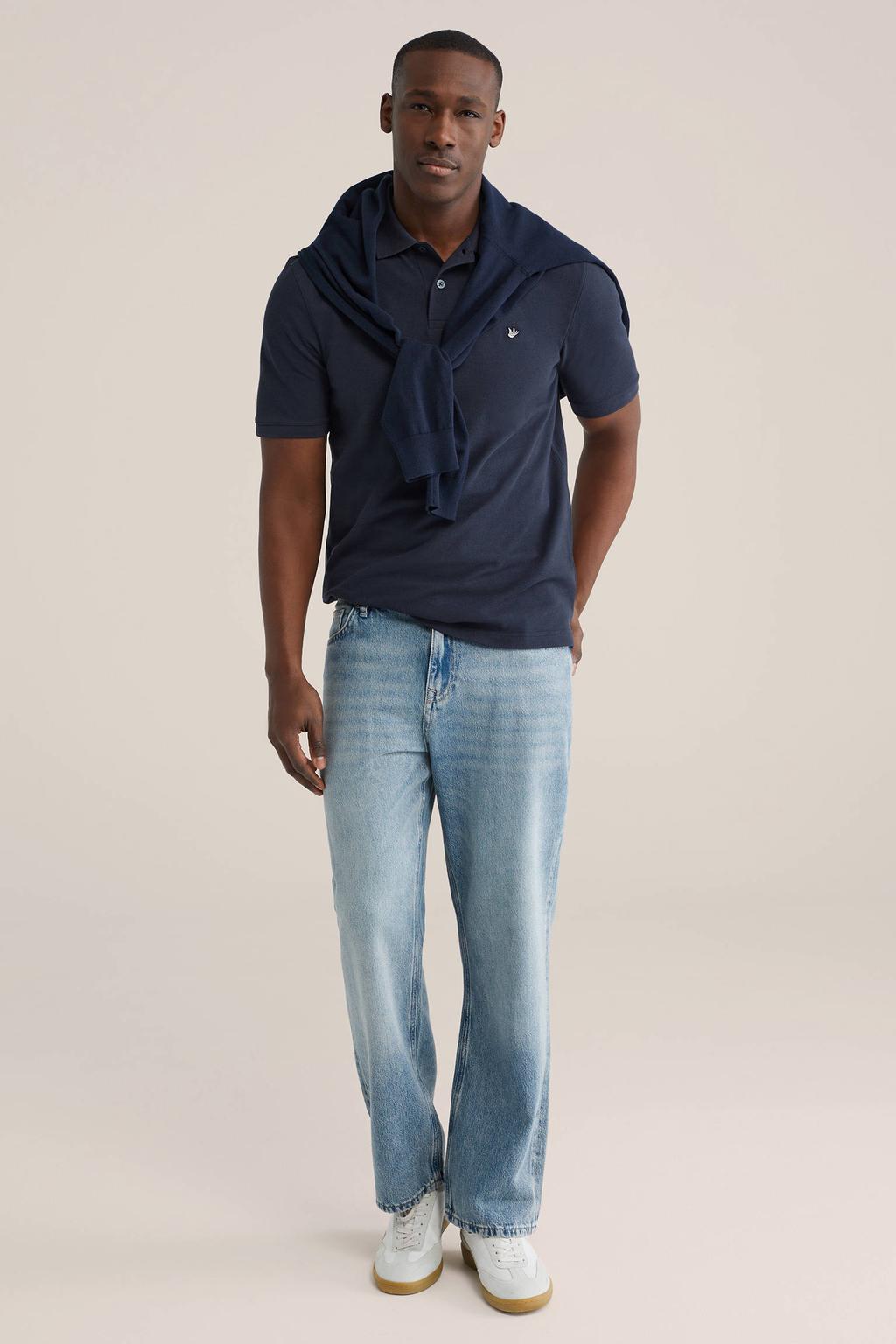 Donkerblauwe heren WE Fashion regular polo van katoen met effen, korte mouwen, knoopsluiting en pique