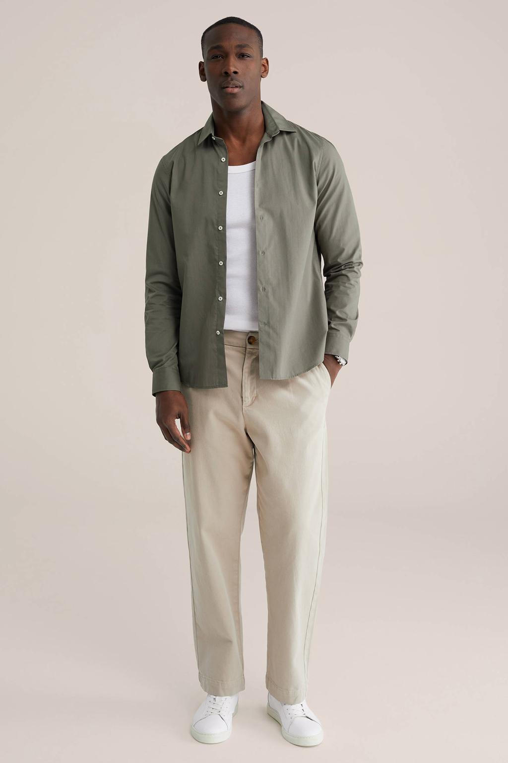 Groene heren WE Fashion regular casual overhemd van katoen met effen, lange mouwen, klassieke kraag en knoopsluiting