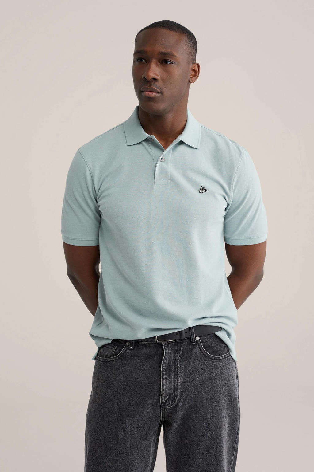 Grijsgroene heren WE Fashion regular polo groen van katoen met effen, korte mouwen, knoopsluiting en pique
