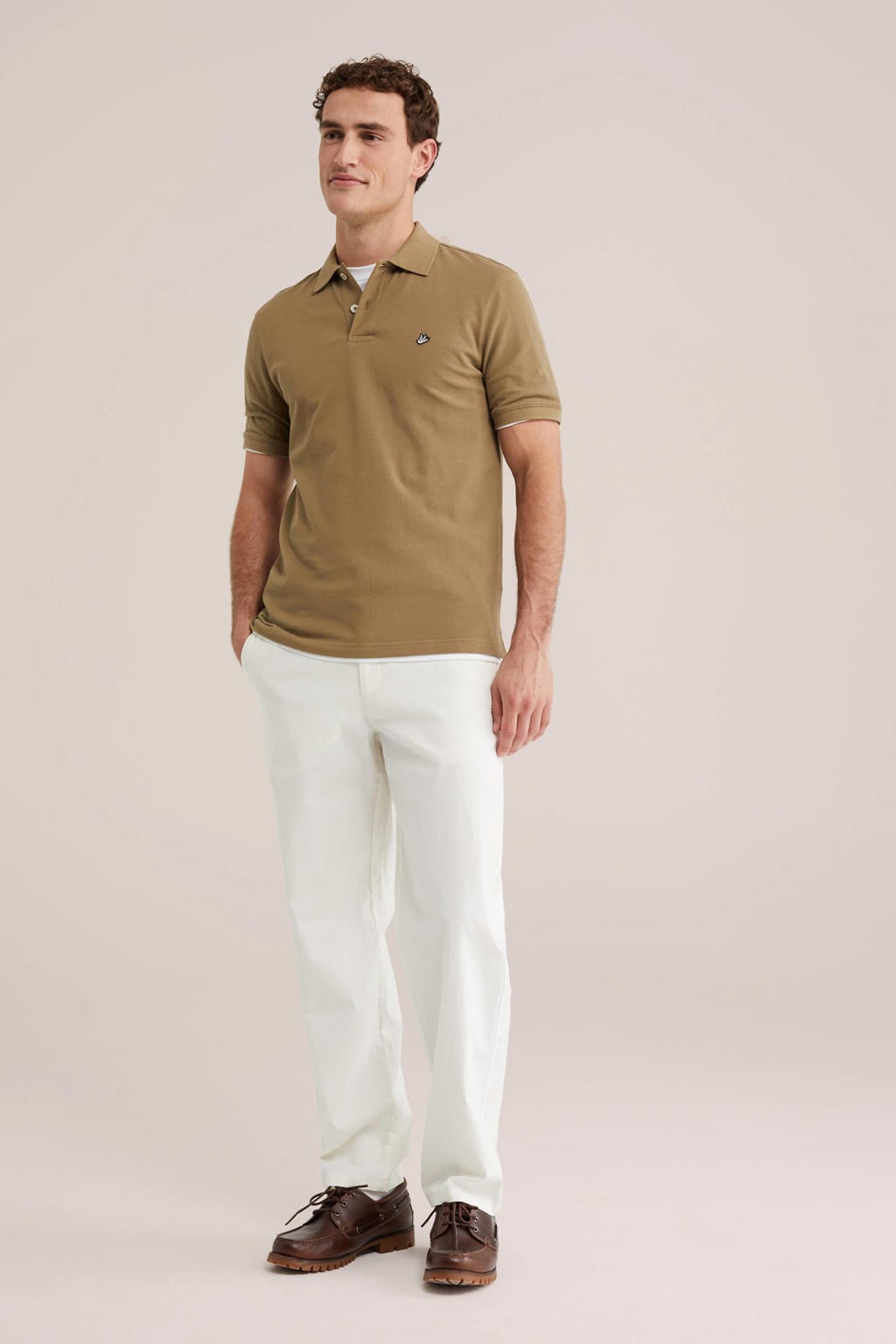 Lichtbruine heren WE Fashion regular polo van katoen met effen, korte mouwen, knoopsluiting en pique