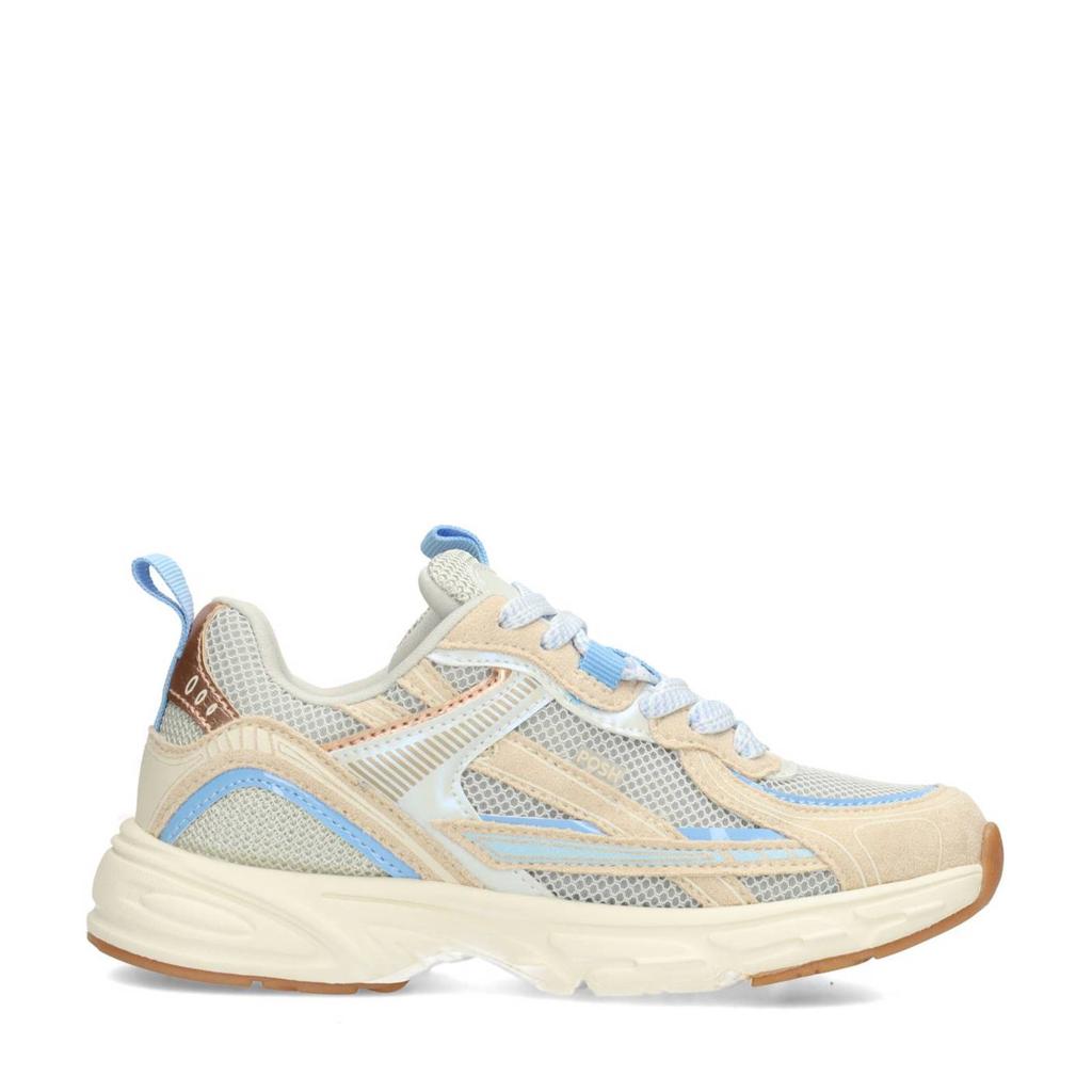 Beige en blauwe meisjes POSH by Poelman sneakers van imitatieleer/imitatiesuede met veters
