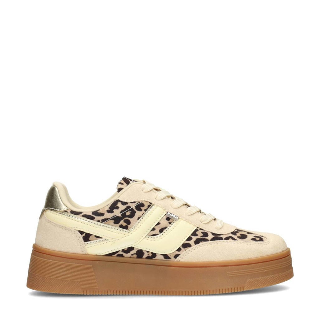 Beige dames POSH by Poelman Georgia sneakers van microfiber met veters en panterprint
