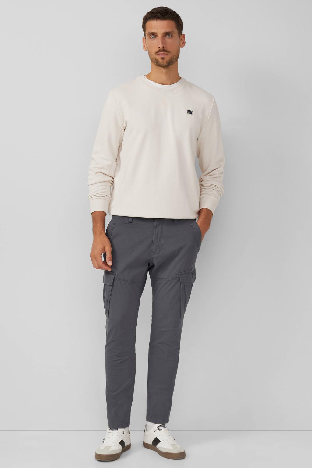 Ecru heren s.Oliver sweater met effen, lange mouwen, ronde hals en geribde boorden