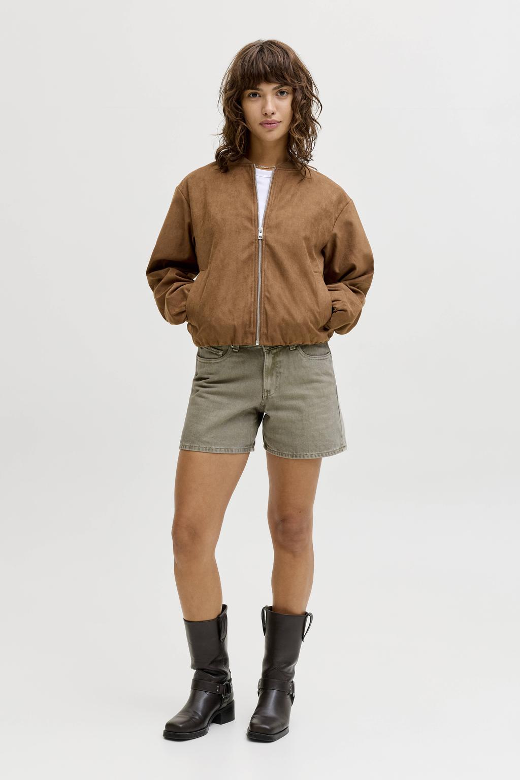Groene dames JJXX regular waist short van denim met loose fit en rits- en knoopsluiting