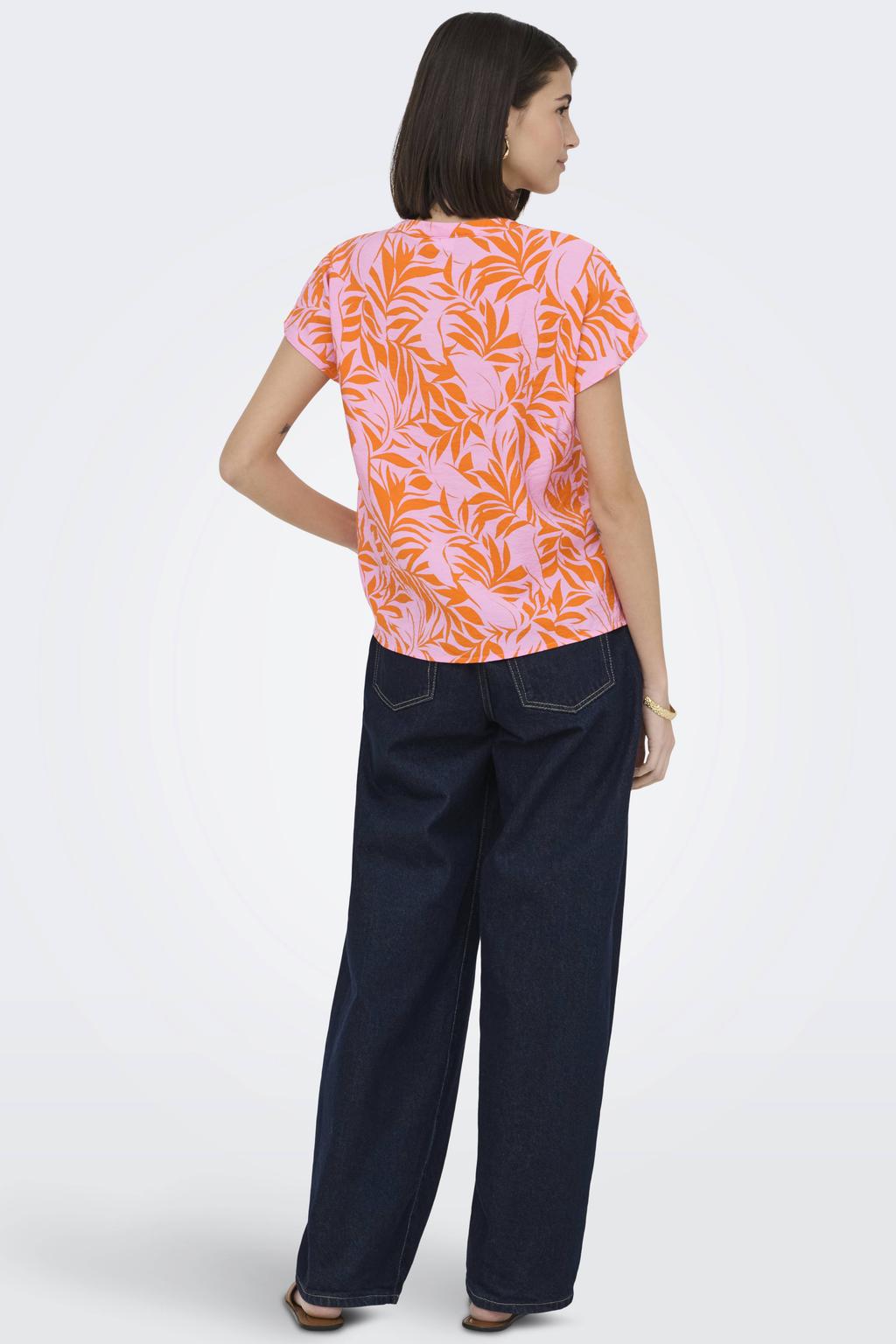 Roze en oranje dames JDY top van viscose met korte mouwen, V-hals en geweven detail