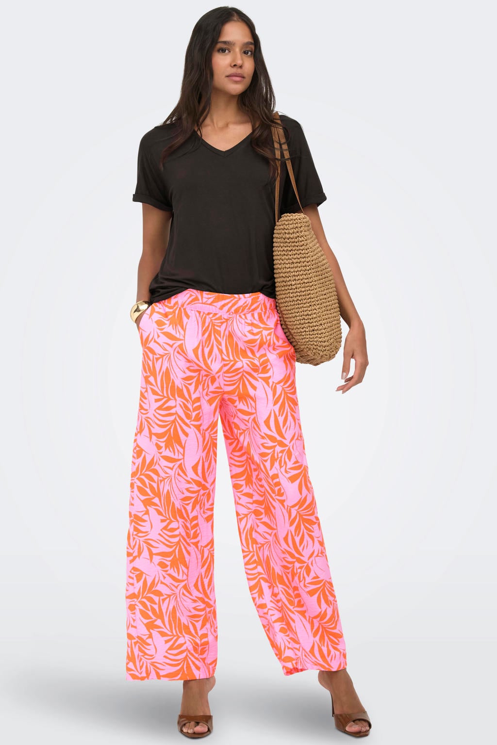 Roze en oranje dames JDY straight regular waist casual broek van viscose met elastische tailleband
