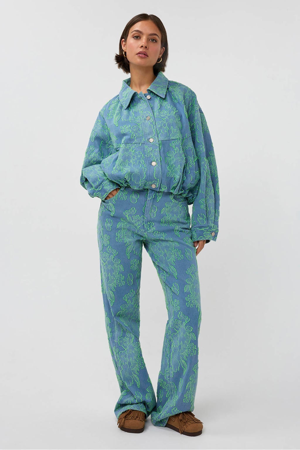 Blauw en groene dames Studio AMAYA bomberjack van katoen met lange mouwen, klassieke kraag en borduursels