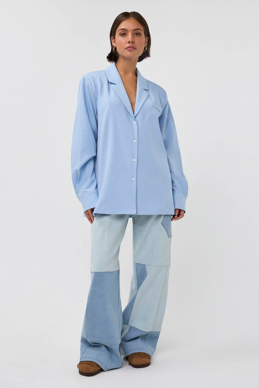 Lichtblauwe dames Studio AMAYA blouse van polyester met effen, lange mouwen, klassieke kraag en knoopsluiting