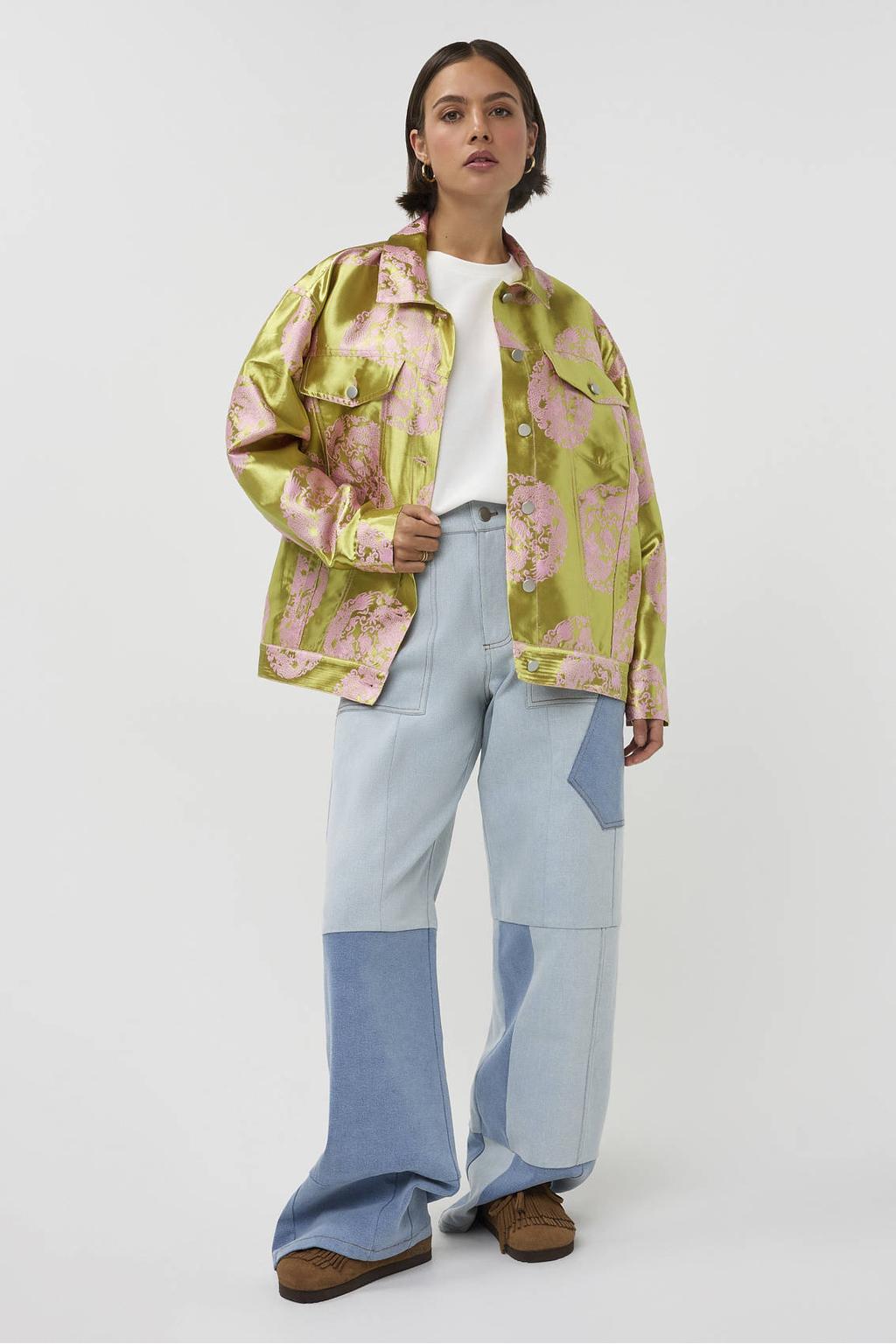 Olijfgroen en roze dames Studio AMAYA bomberjack van polyester met lange mouwen, klassieke kraag en borduursels