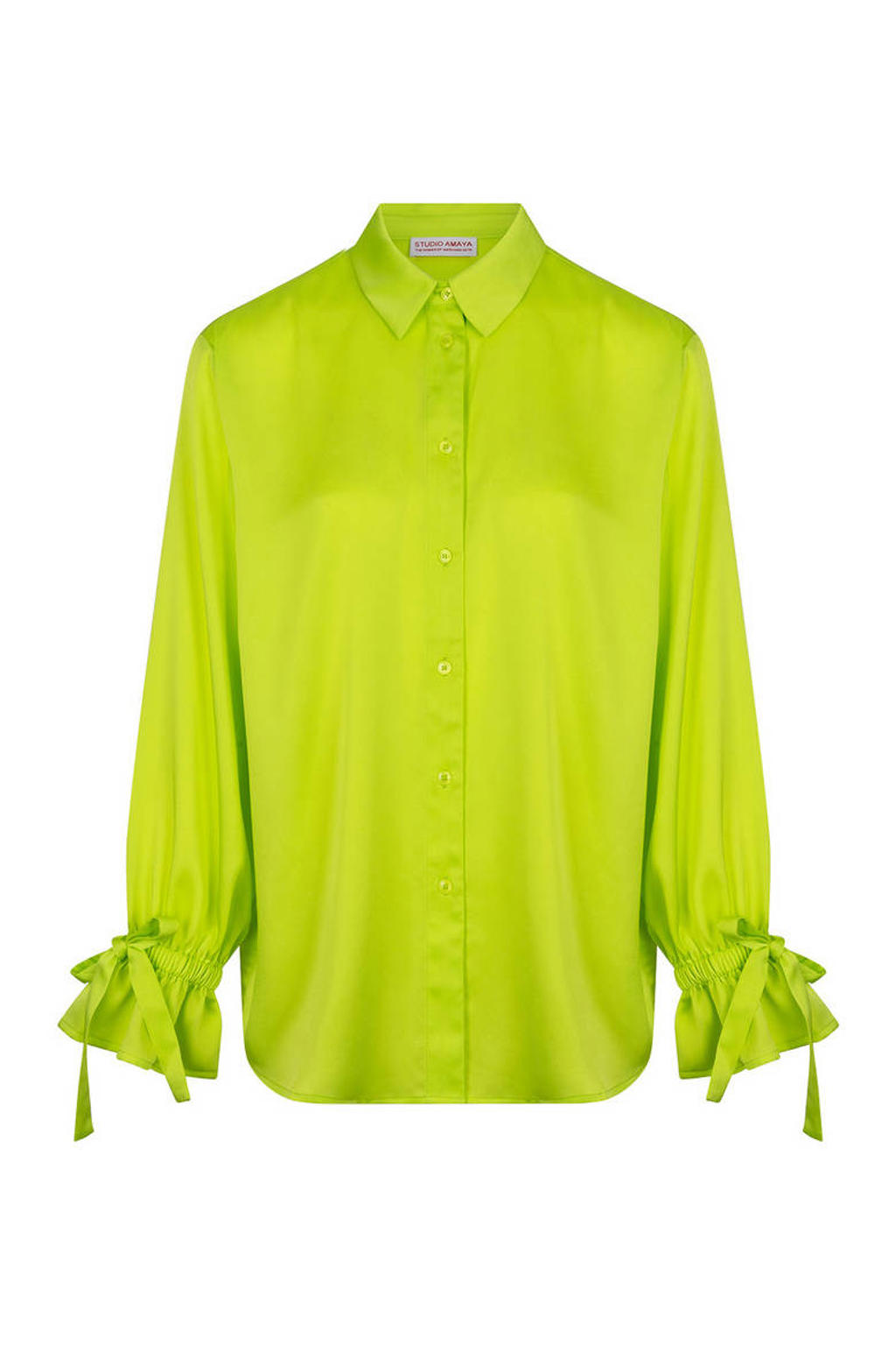 Limegroene dames Studio AMAYA blouse groen van polyester met effen, lange mouwen, klassieke kraag, knoopsluiting en strikje