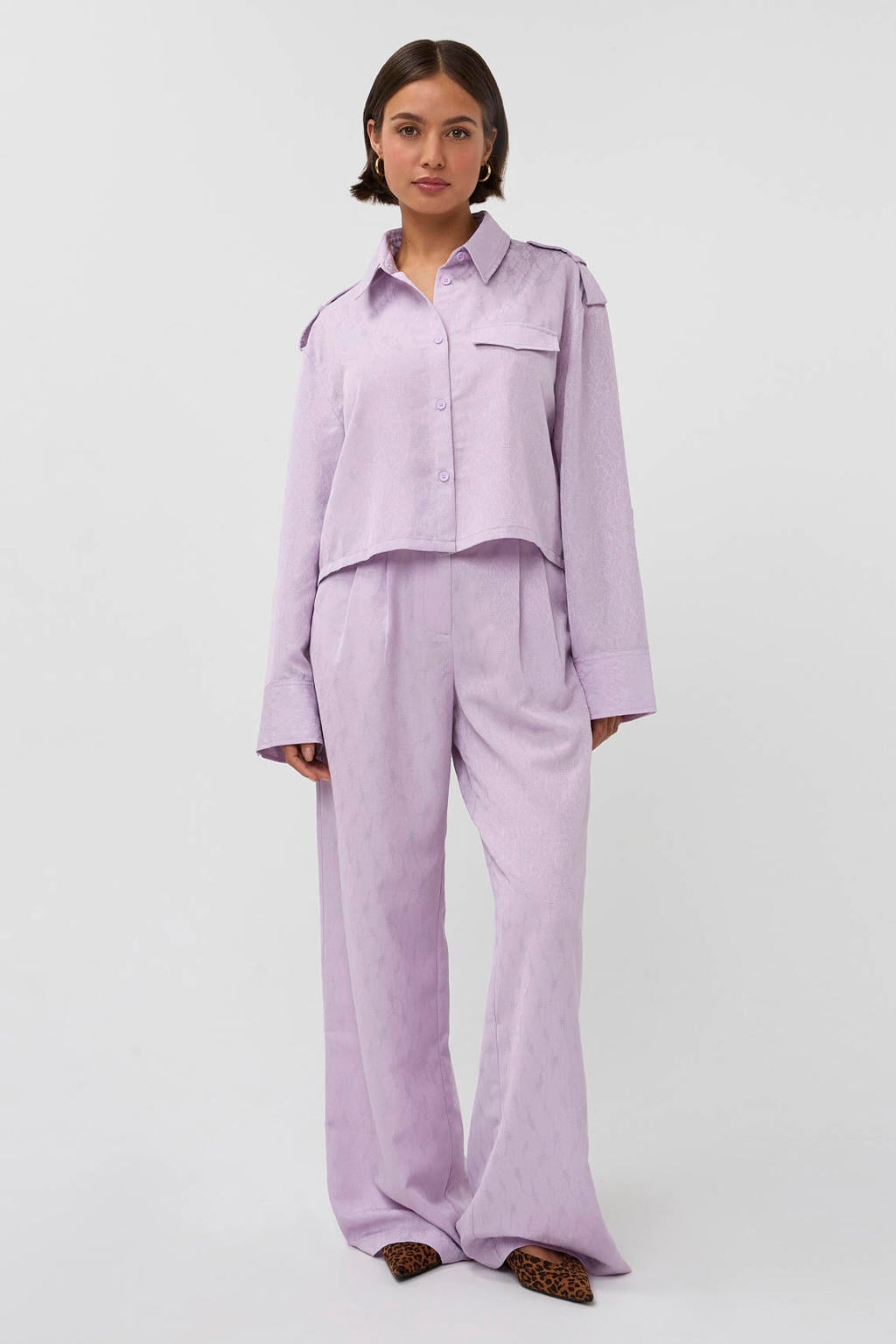Lilakleurige dames Studio AMAYA blouse van polyester met effen, lange mouwen, klassieke kraag en knoopsluiting