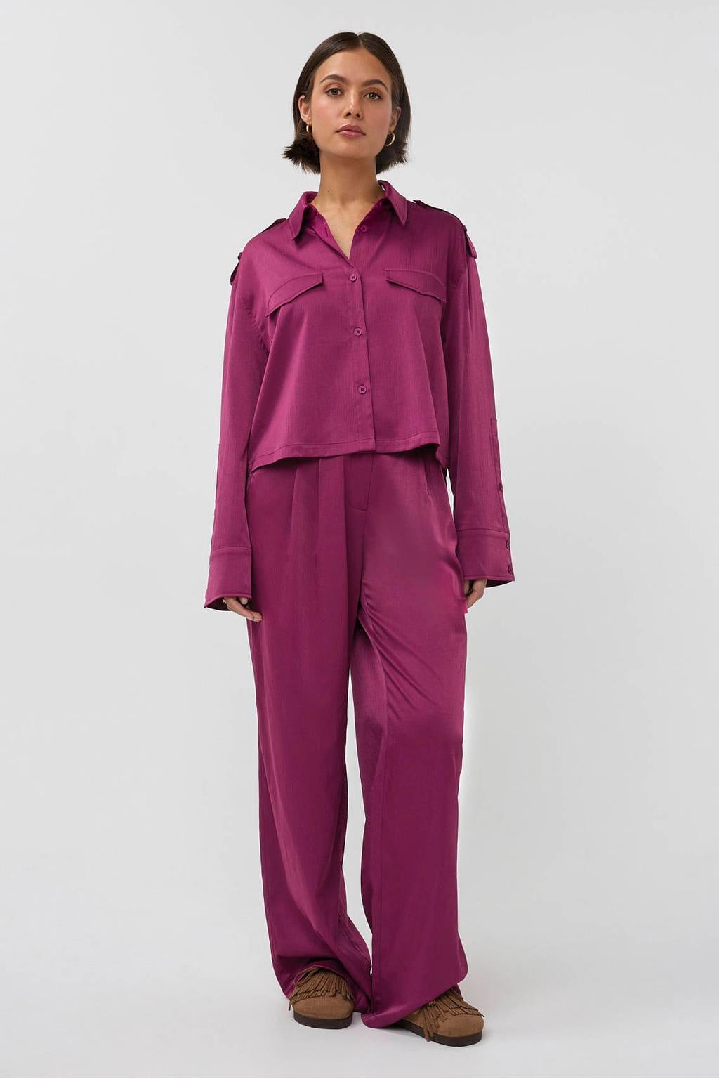 Paarse dames Studio AMAYA blouse van polyester met effen, lange mouwen, klassieke kraag en knoopsluiting
