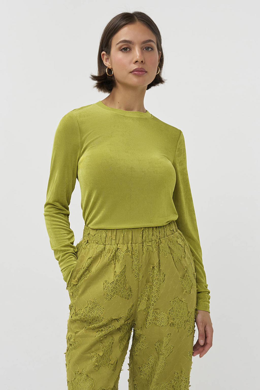 Groene dames Studio AMAYA top van polyester met effen, lange mouwen en ronde hals
