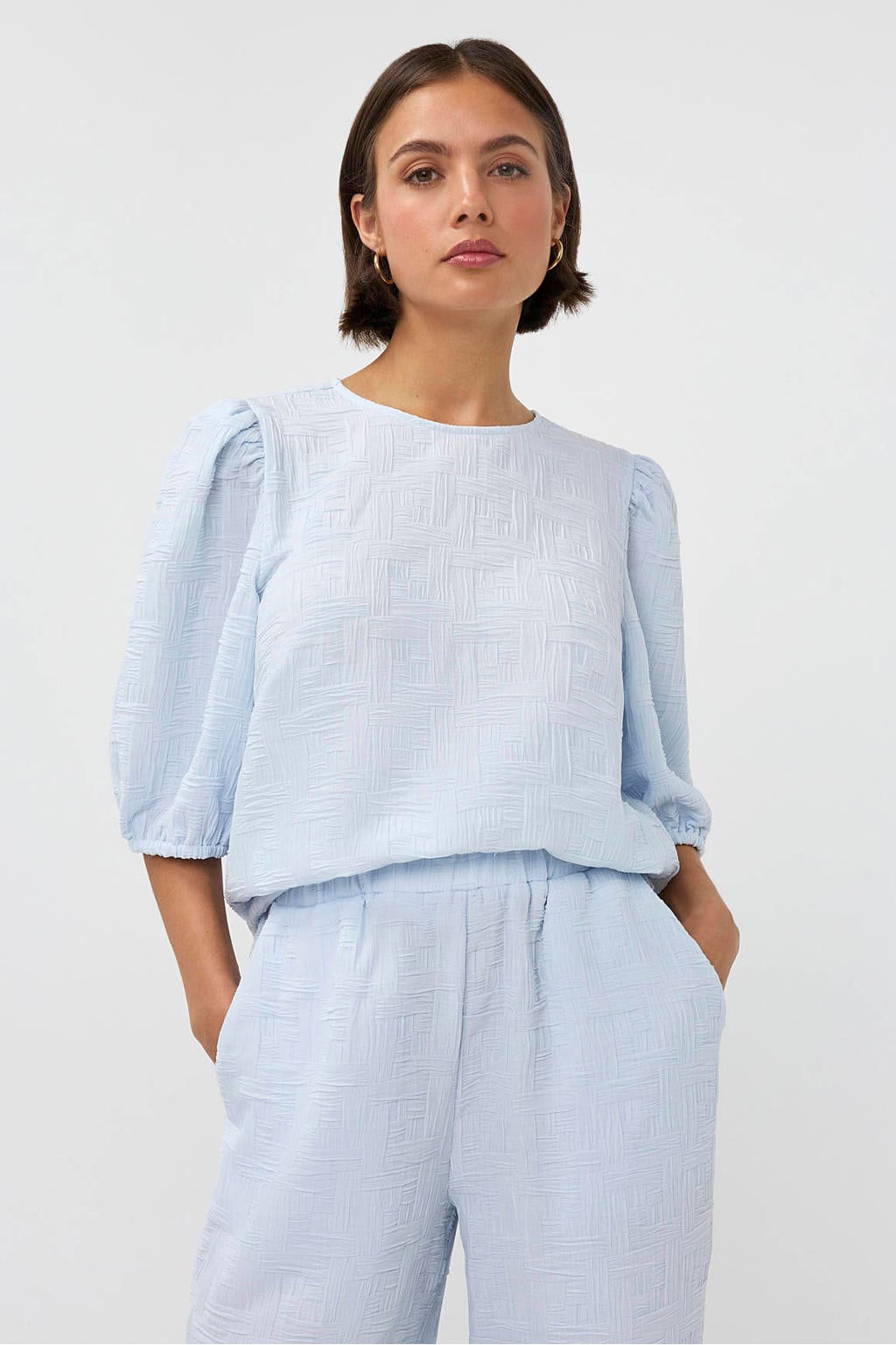 Lichtblauwe dames Studio AMAYA top van polyester met effen, driekwart mouwen en ronde hals