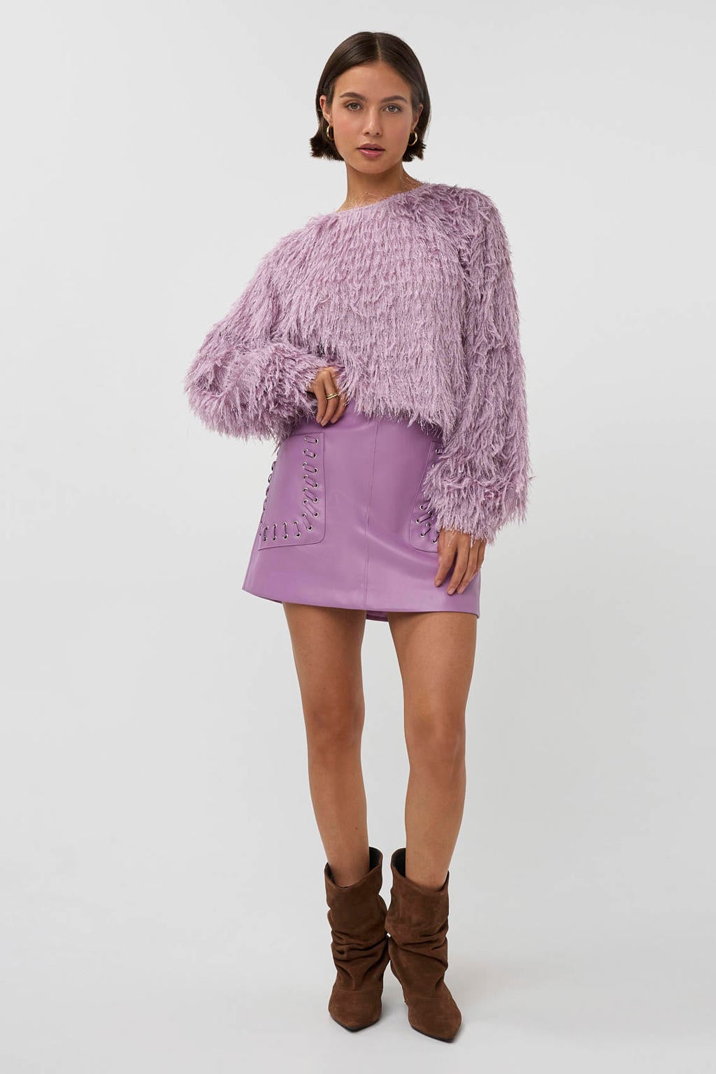Lilakleurige dames Studio AMAYA gebreide trui van polyester met effen, lange mouwen, ronde hals en veren