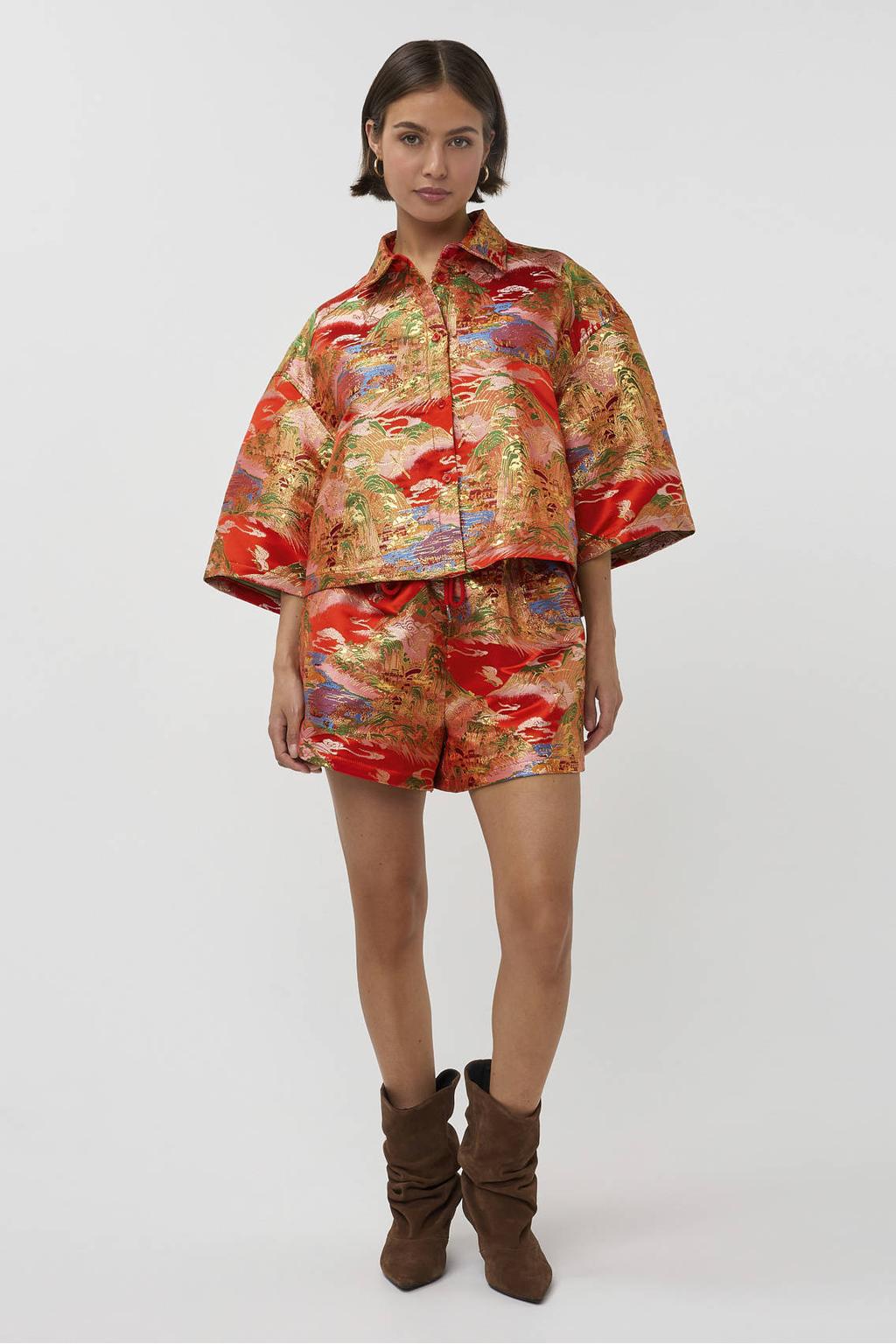 Rode dames Studio AMAYA blouse van polyester met korte mouwen, klassieke kraag, knoopsluiting en glimmend detail