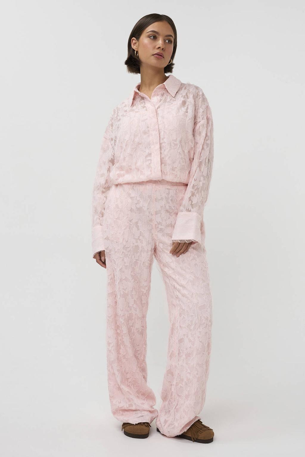Lichtroze dames Studio AMAYA blouse van polyester met lange mouwen, klassieke kraag, knoopsluiting en textuur