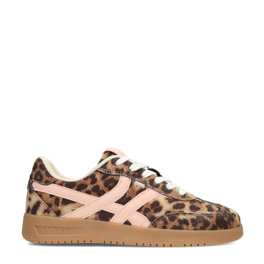 Beige en zwarte dames POSH by Poelman Megan sneakers van suèdelook met veters en panterprint