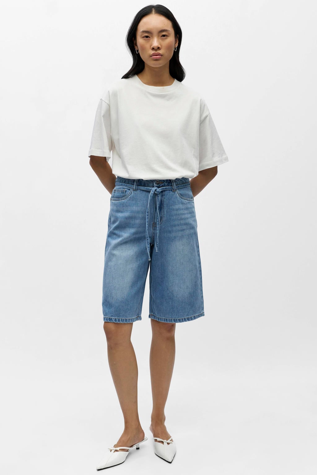 Light blue denim dames OBJECT wide leg regular waist short van denim met rits- en knoopsluiting en effen