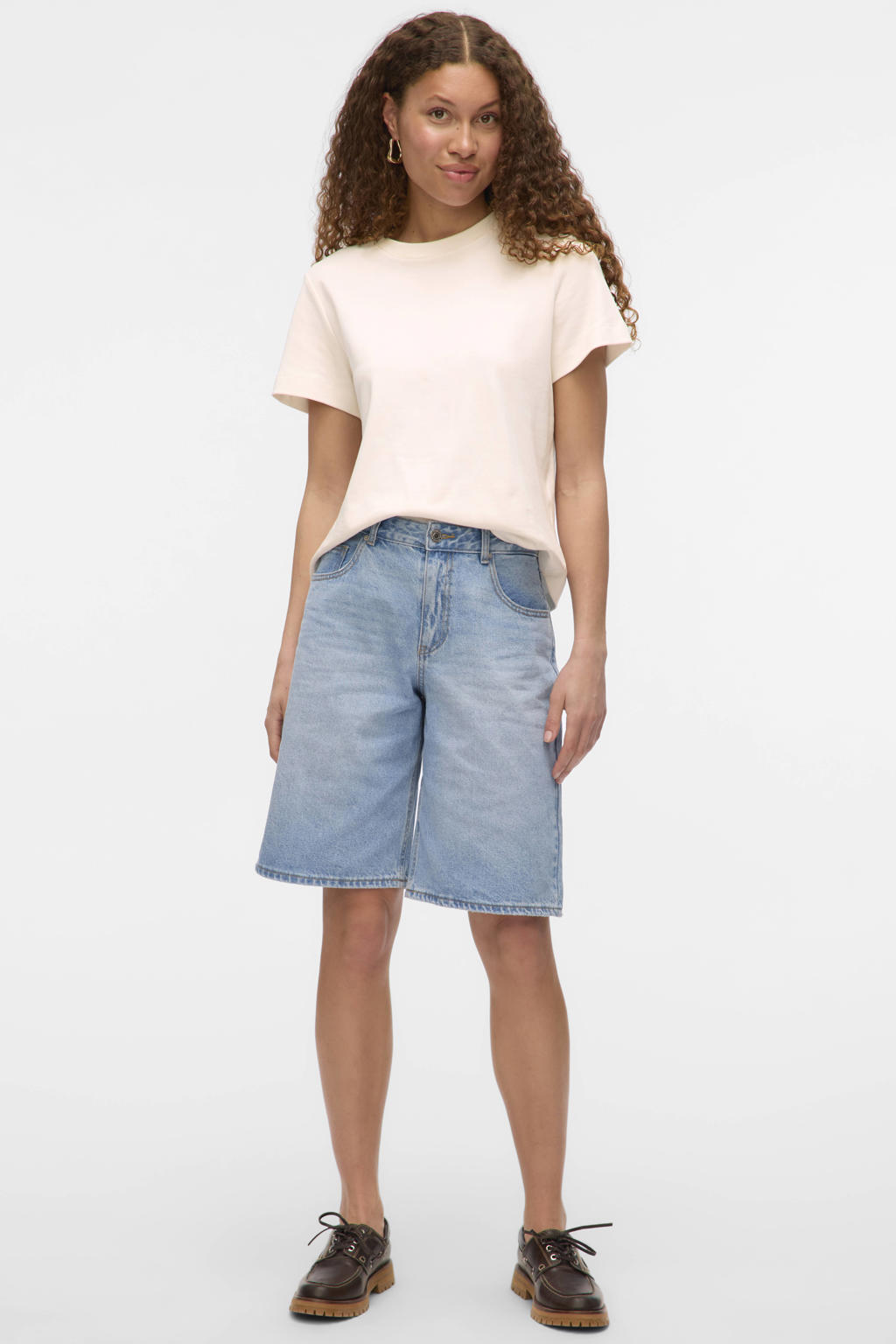 Light blue denim dames VERO MODA wide leg regular waist short van katoen met knoopsluiting en effen