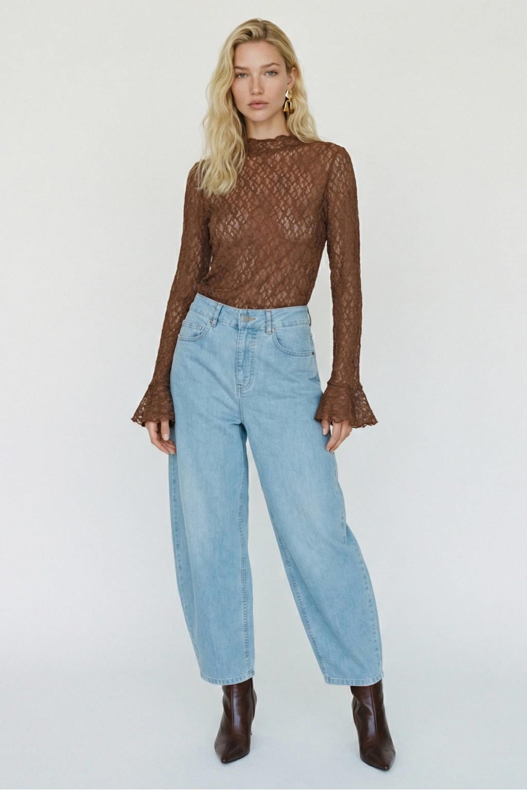 Bruine dames VERO MODA top van polyamide met effen, lange mouwen, ronde hals en kant