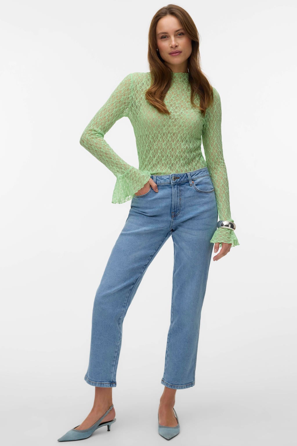 Lichtgroene dames VERO MODA top van polyamide met effen, lange mouwen, ronde hals en kant