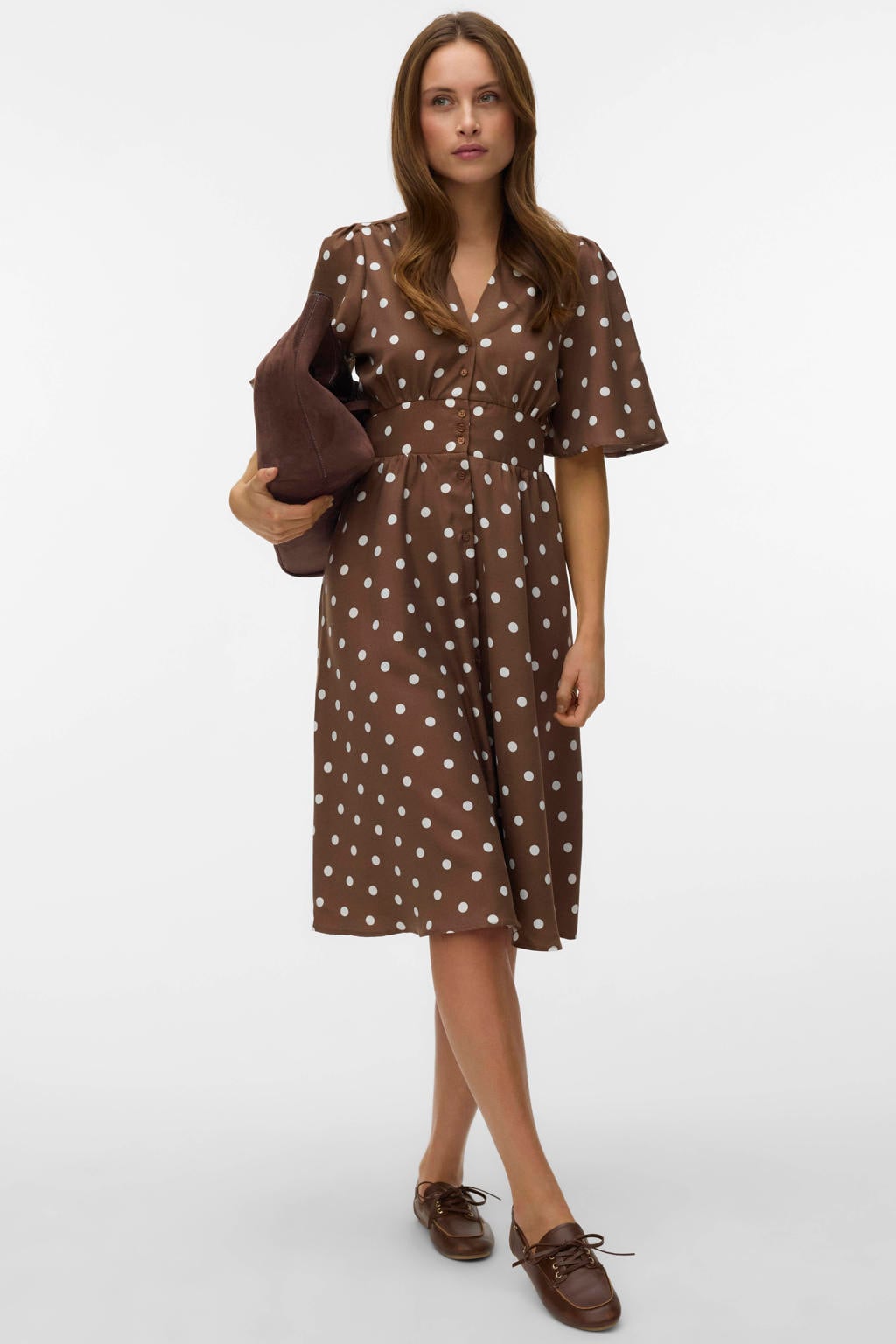 Bruin en witte dames VERO MODA A-lijn jurk van polyester met stippenprint, half lange mouwen en V-hals