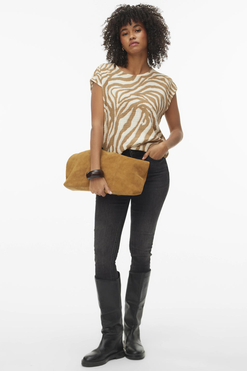 Zand en ecru dames VERO MODA top van polyester met korte mouwen en ronde hals