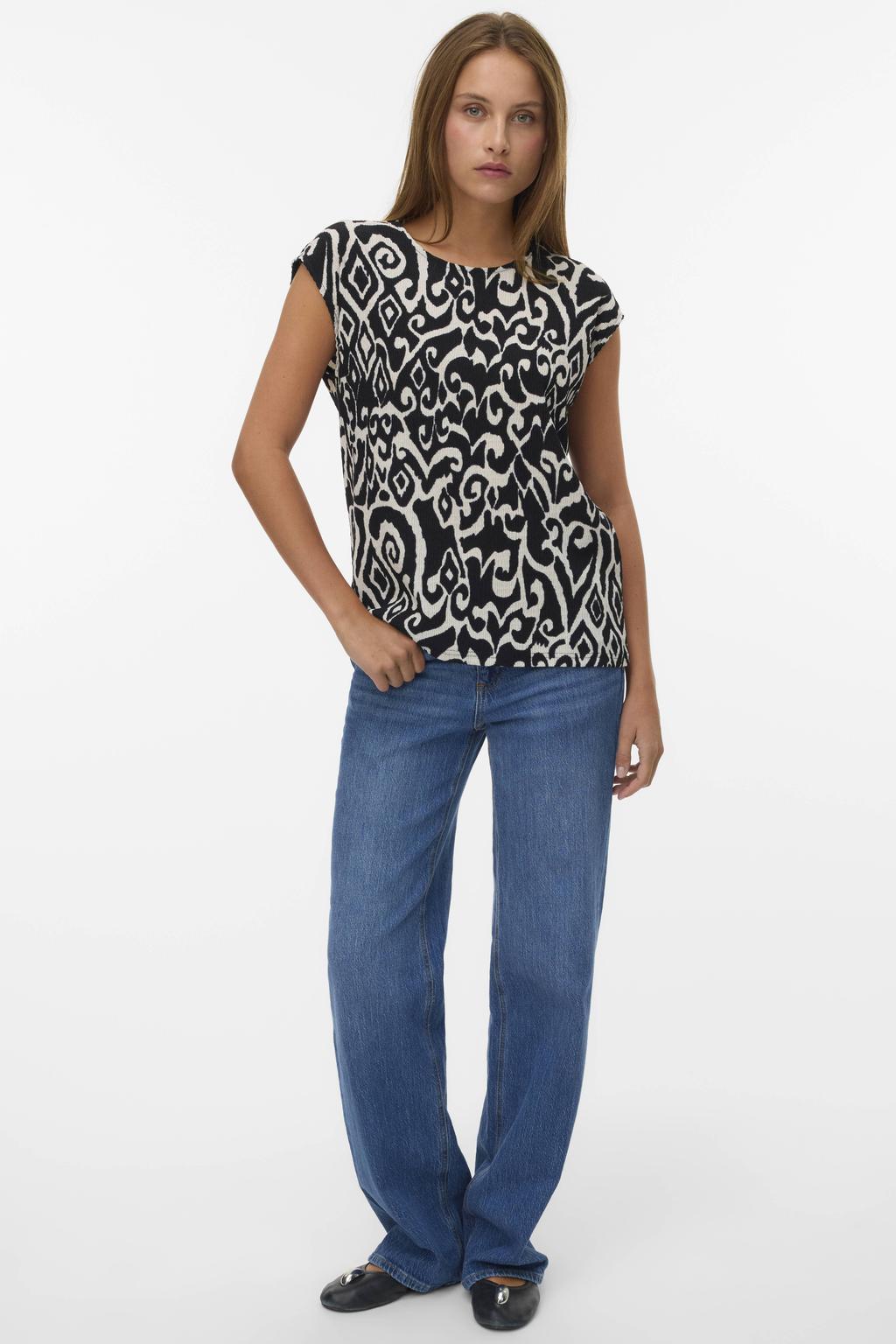 Zwart en ecru dames VERO MODA top van polyester met korte mouwen en ronde hals
