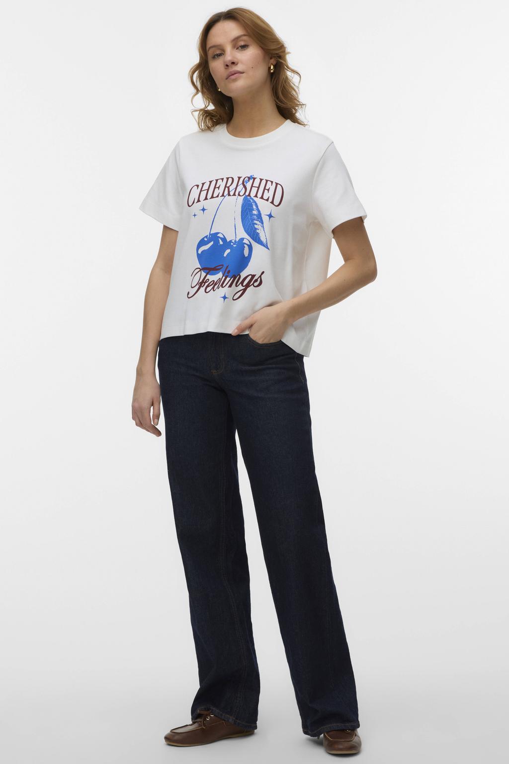 Ecru en blauwe dames VERO MODA T-shirt van katoen met printopdruk, korte mouwen en ronde hals