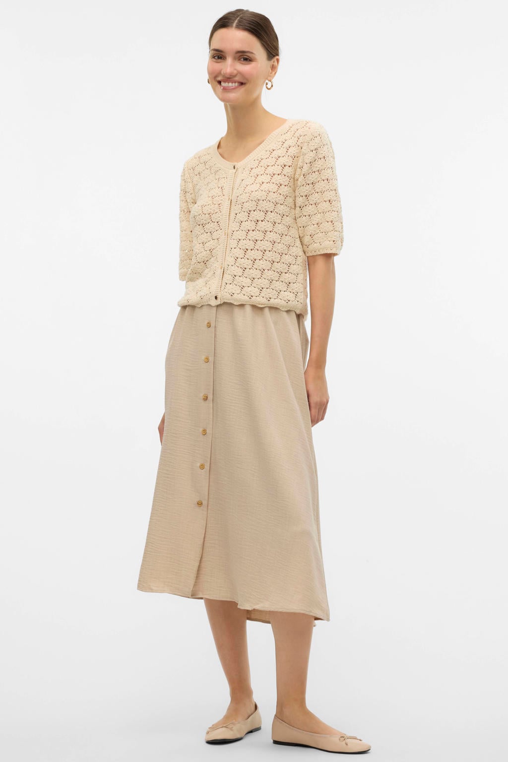 Ecru dames VERO MODA gebreid vest van katoen met effen, korte mouwen, ronde hals, knoopsluiting en open detail