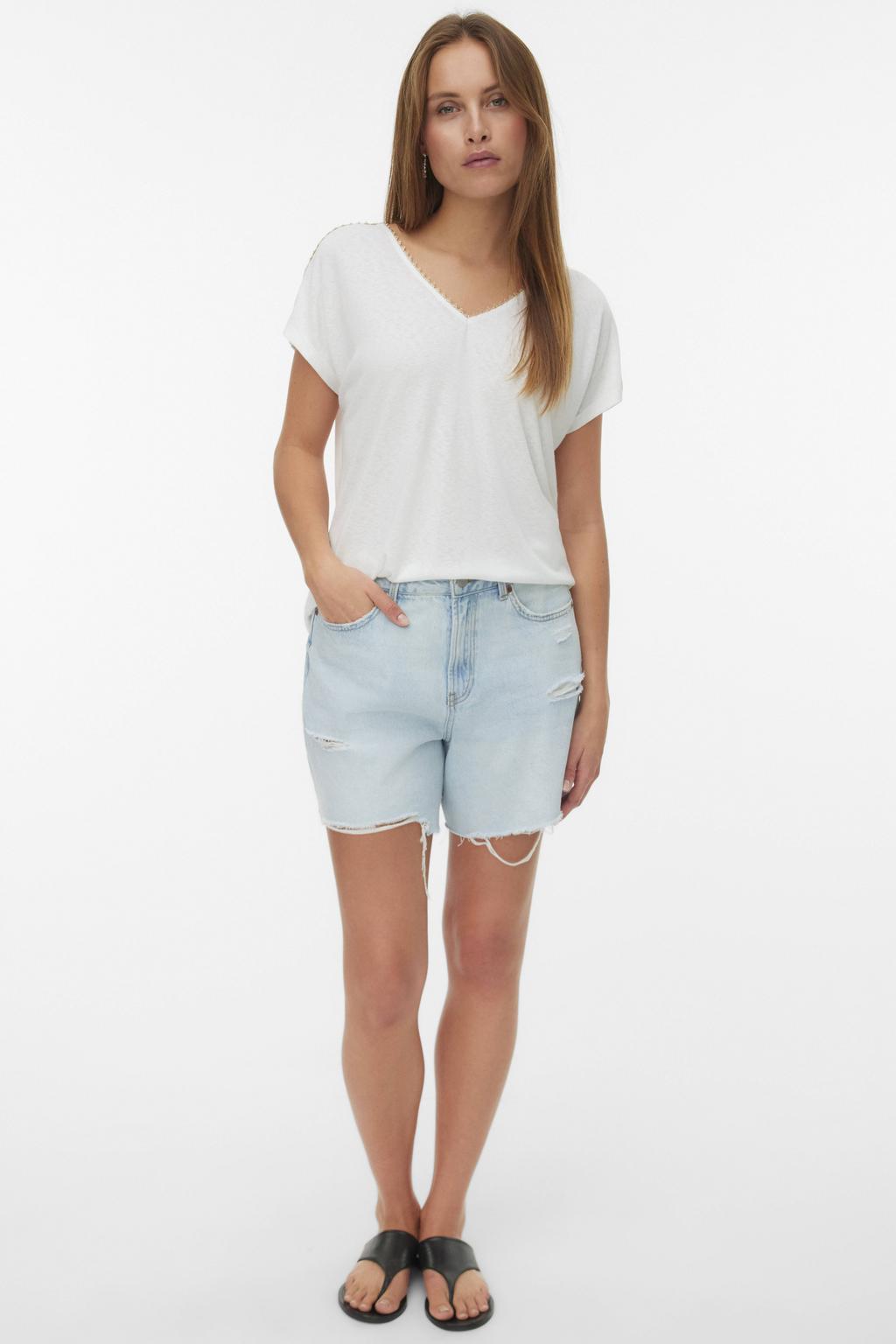 Witte dames VERO MODA top van viscose met effen, korte mouwen, V-hals en kant