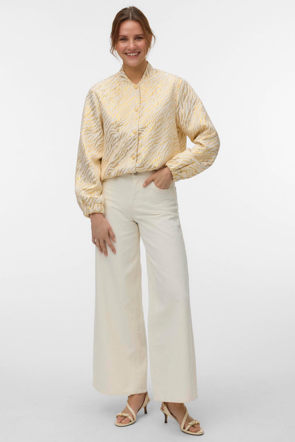 Goud en ecru dames VERO MODA bomberjack van polyester met lange mouwen, ronde hals en knoopsluiting
