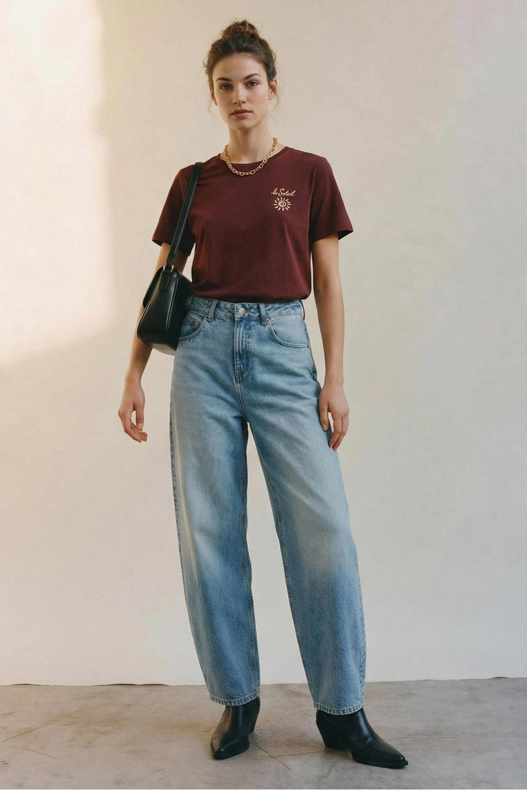 Donkerbruin, geel en lichtroze dames VERO MODA T-shirt van katoen met printopdruk, korte mouwen en ronde hals