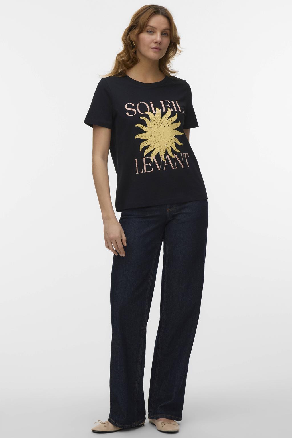 Zwart en gele dames VERO MODA T-shirt van katoen met printopdruk, korte mouwen en ronde hals