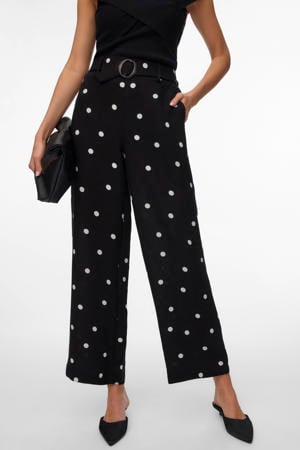 wide leg high waist casual broek met stippen zwart